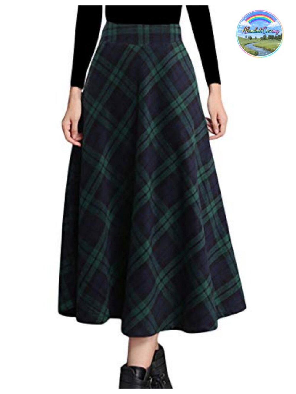 Wool Blend Plaid A-Line Midi Skirt High Waist Pleated with Pockets